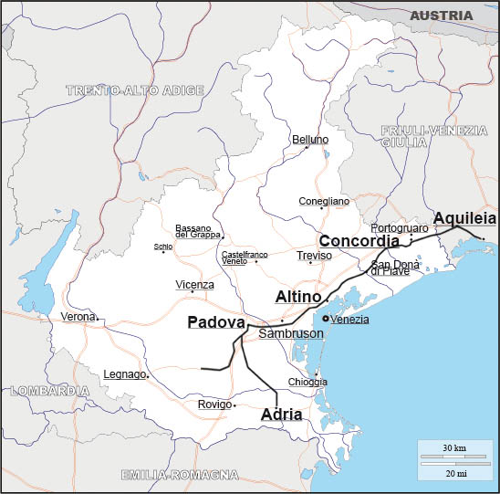 Mappa del Veneto con il tracciato della Via Annia